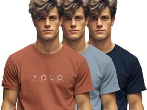 "Men's YOLO printed cotton t-shirts in brown, blue, and black colors, round neck, casual fit"