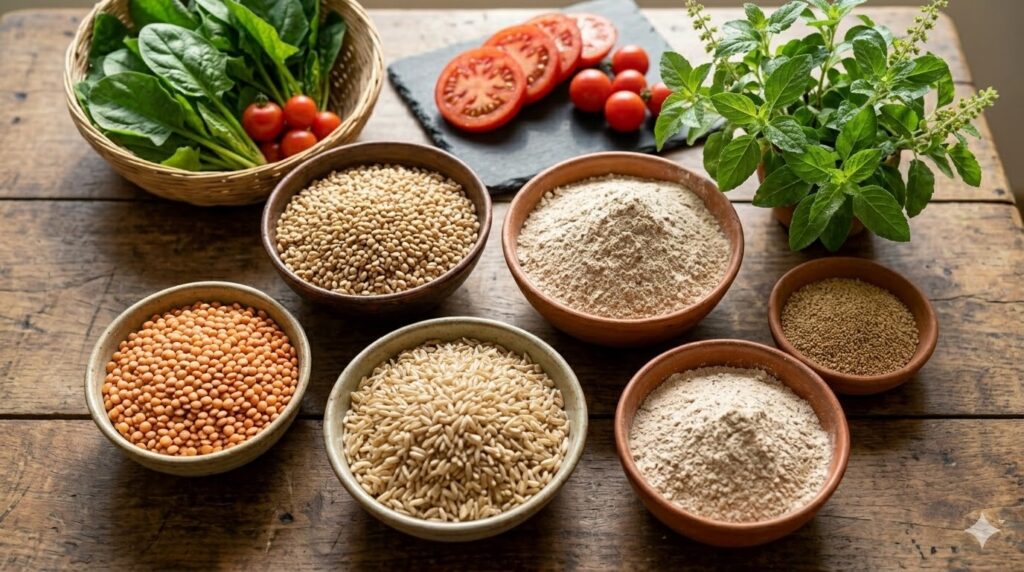 Assorted organic grains, pulses, flour, spinach, and tomatoes on a wooden table showing why organic food is nutrient-rich