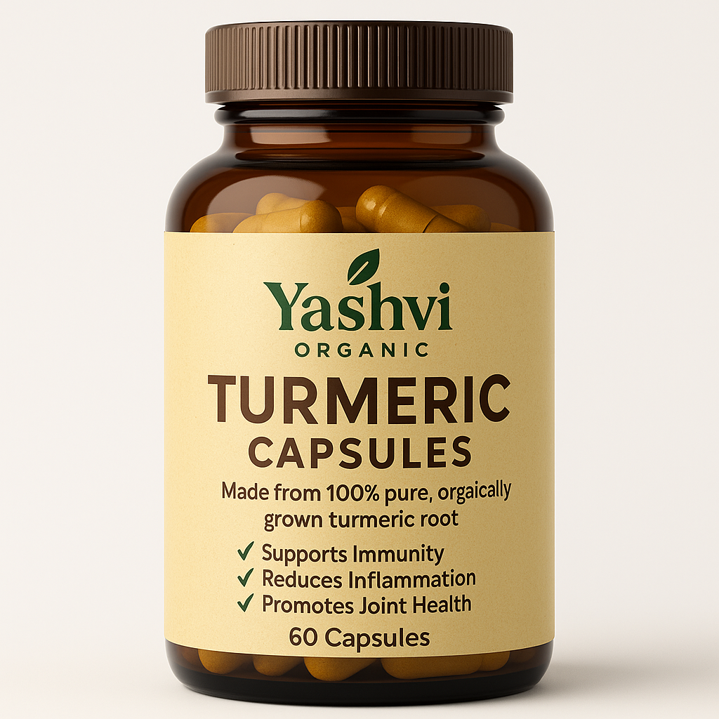 Yashvi Organic Turmeric Capsules – 60 Capsule Glass Bottle with Curcumin Benefits" Yashvi Organic Turmeric Capsules in amber glass bottle – 60 vegetarian capsules for immunity, inflammation, and joint health"