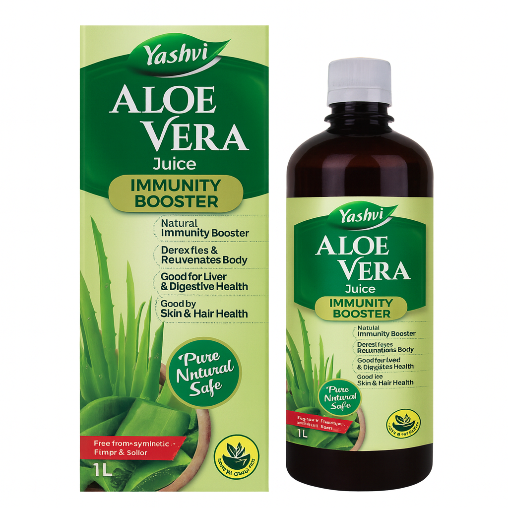 Yashvi Organic Aloe Vera Juice – 1 Litre Immunity Booster for Skin, Hair, and Digestion Yashvi Organic Aloe Vera Juice Immunity Booster – 1L bottle with box packaging, natural detox and skin health support