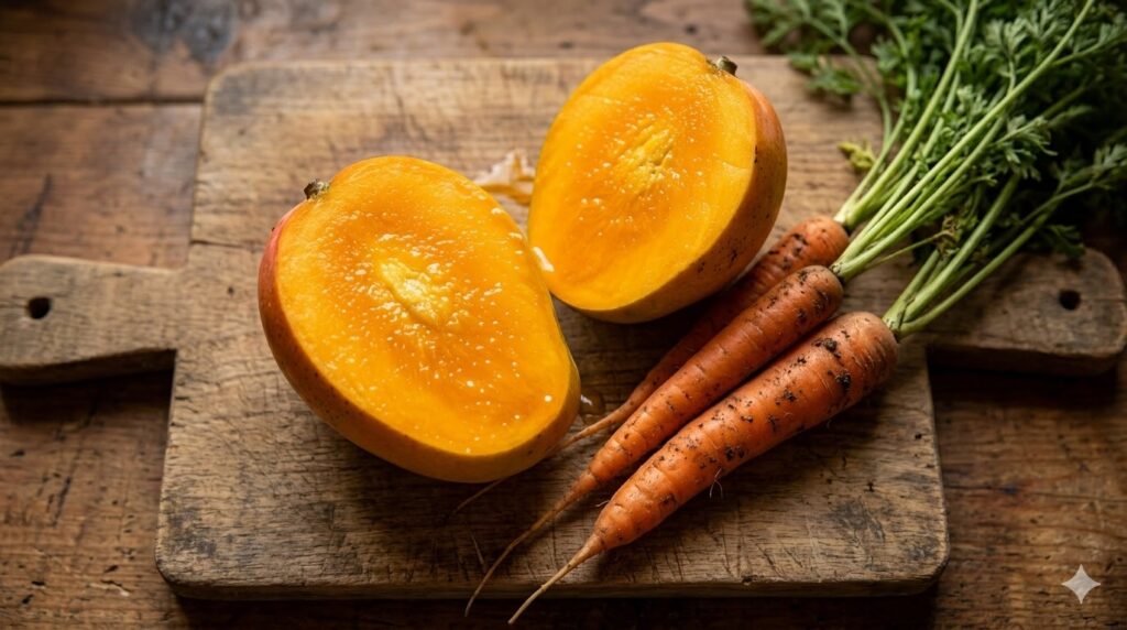 Fresh organic mango halves and natural carrots on a wooden board showing why