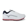 "Men's White & Navy Athletic Sneaker - Sports Shoe with Red Sole" White and navy blue athletic sneaker with red sole for men