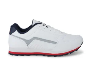 White and navy blue athletic sneaker with red sole for men