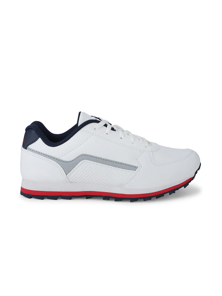 White and navy blue athletic sneaker with red sole for men