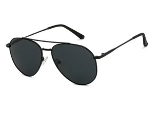 "Black full-rim aviator sunglasses with polarized dark lenses and metal frame for men and women"