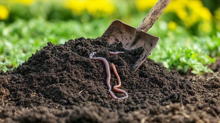 Earthworms in healthy organic soil with a shovel in a pesticide-free green field