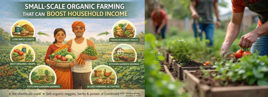 Infographic showing small-scale organic farming benefits like low input costs and premium market prices for household income.