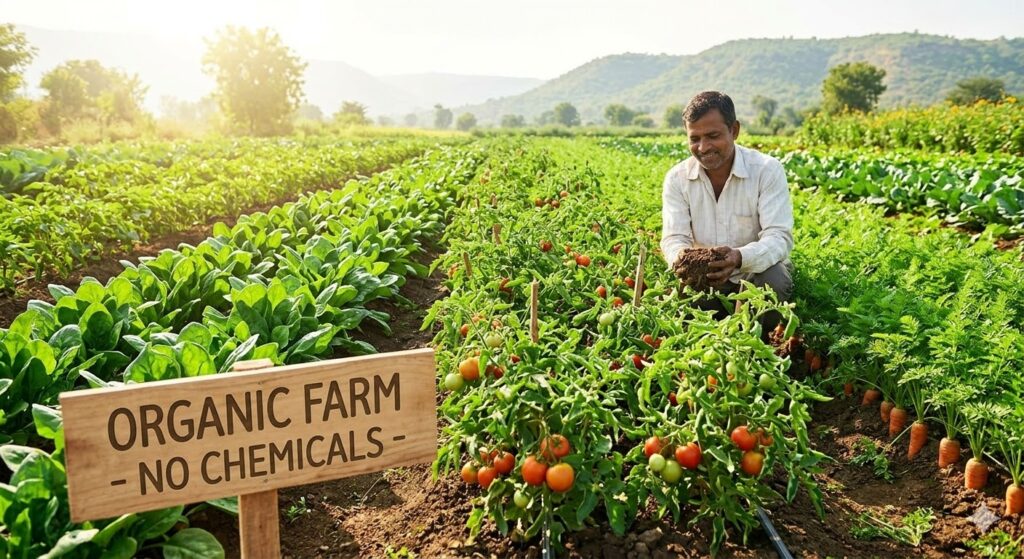 Farmer growing fresh organic vegetables on a chemical-free farm highlighting why organic food is healthier