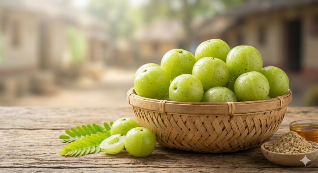 Best Organic Herbs for Health featuring fresh organic amla fruits in a basket