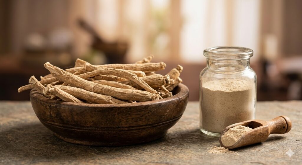 Best Organic Herbs for Health showing organic ashwagandha roots and herbal powder in a bowl
