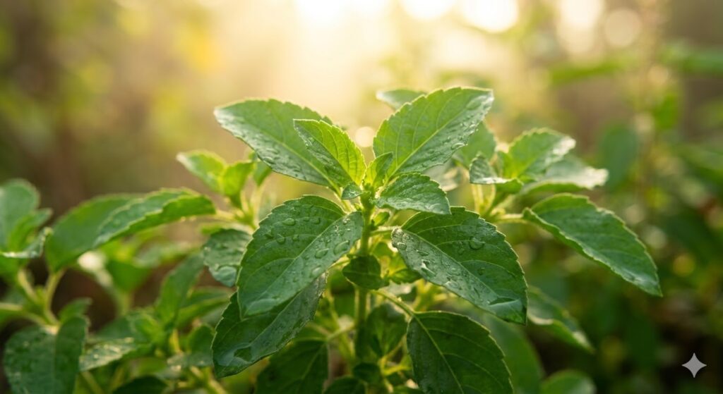 fresh tulsi basil leaves growing naturally