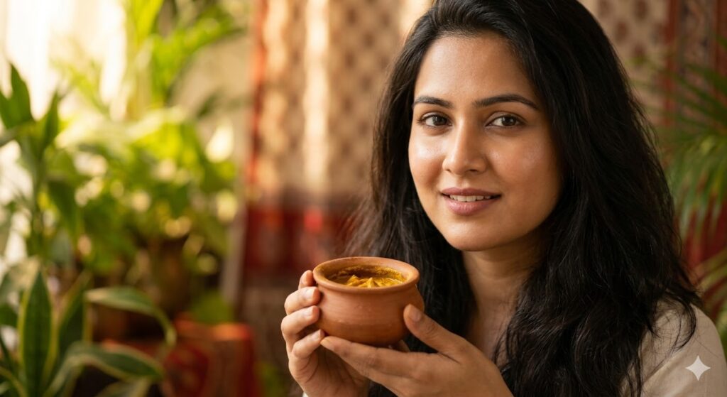 woman drinking herbal tea made from natural herbs