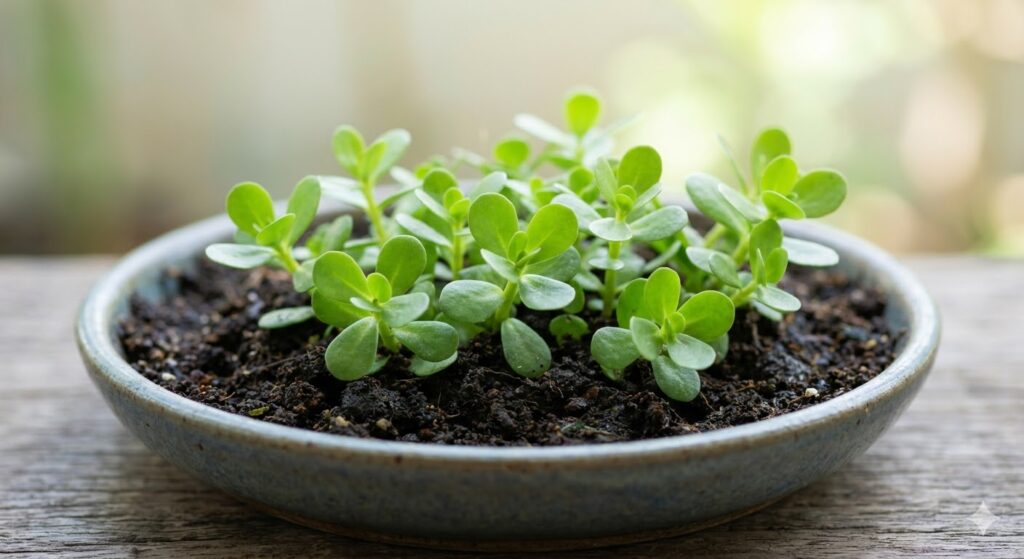 featuring fresh organic brahmi plant growing in soil