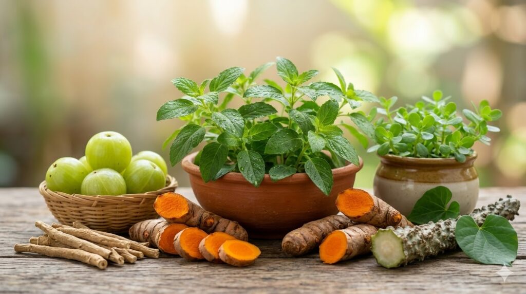 A vibrant arrangement of fresh organic herbs—Tulsi, Turmeric, Amla, and Ashwagandha—on a rustic Indian kitchen table, symbolizing natural health and wellness.