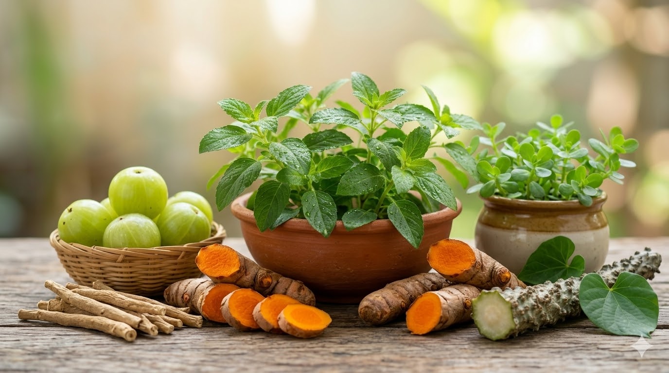 A vibrant arrangement of fresh organic herbs—Tulsi, Turmeric, Amla, and Ashwagandha—on a rustic Indian kitchen table, symbolizing natural health and wellness.