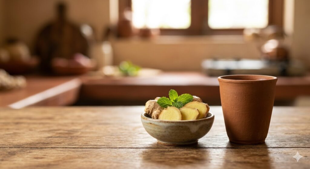 Organic Herbs Benefits showing fresh ginger slices and herbal drink for digestion