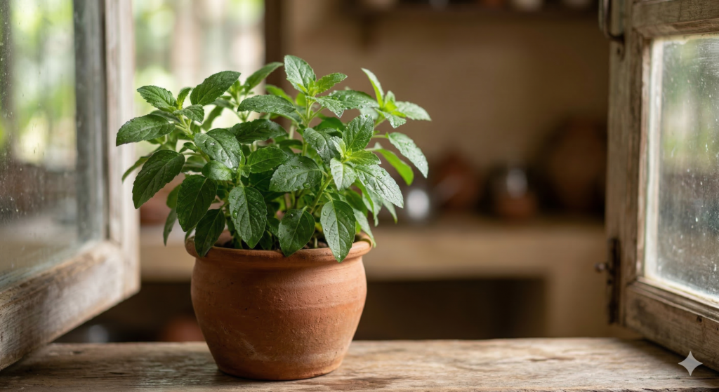 growing naturally in a clay pot near a window