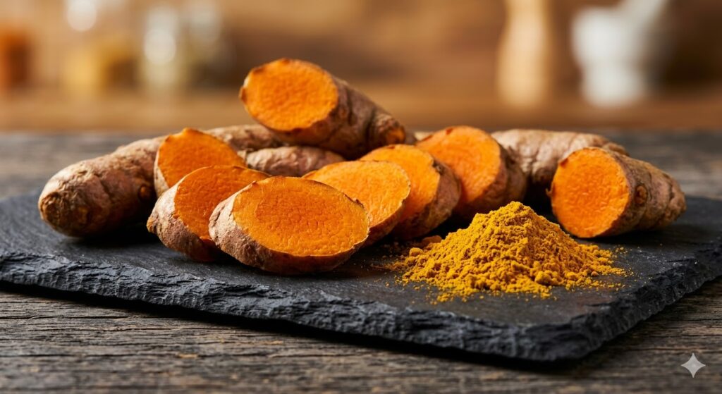 featuring fresh organic turmeric roots and turmeric powder