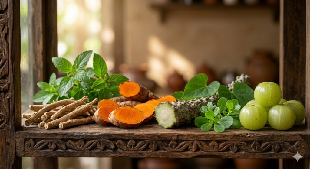 showing turmeric, ashwagandha, giloy, brahmi, tulsi, and amla