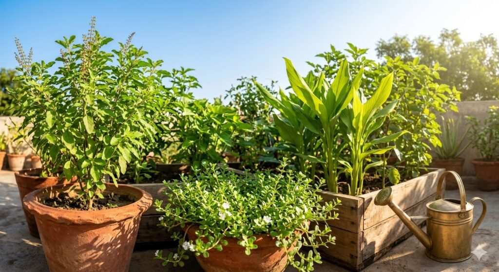 Organic Herbs Benefits shown through fresh herbal plants growing naturally in pots
