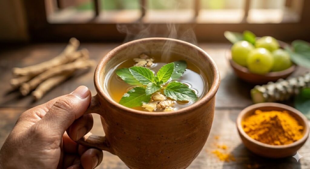 Best Organic Herbs for Health herbal tea made with turmeric, ginger, and fresh herbs
