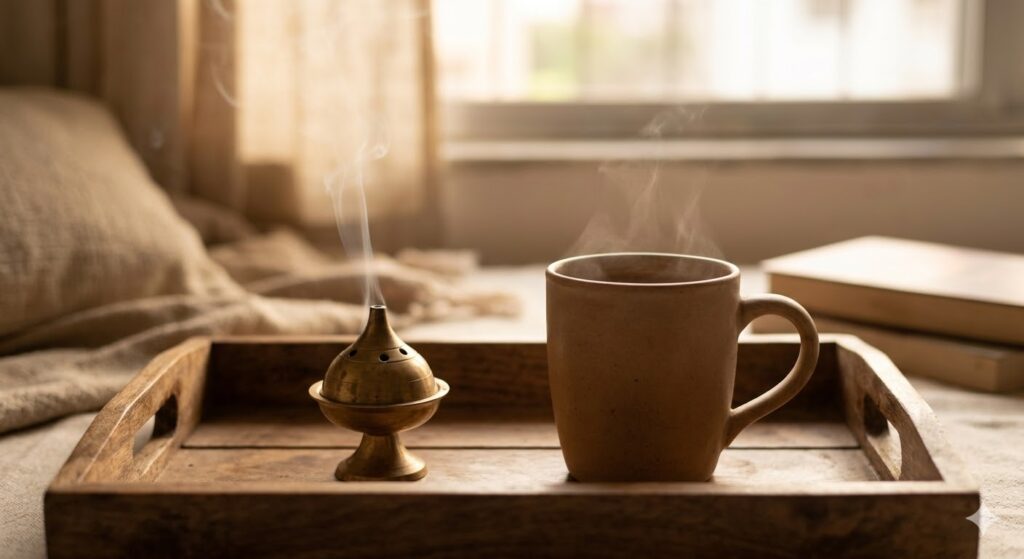 Organic Herbs Benefits shown through warm herbal tea used for relaxation and wellness