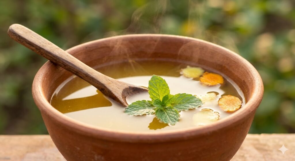 turmeric and ginger herbal drink with mint leaves