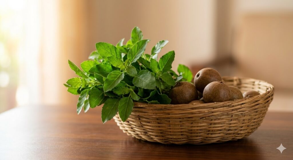 fresh tulsi leaves and natural herbal fruits in a basket