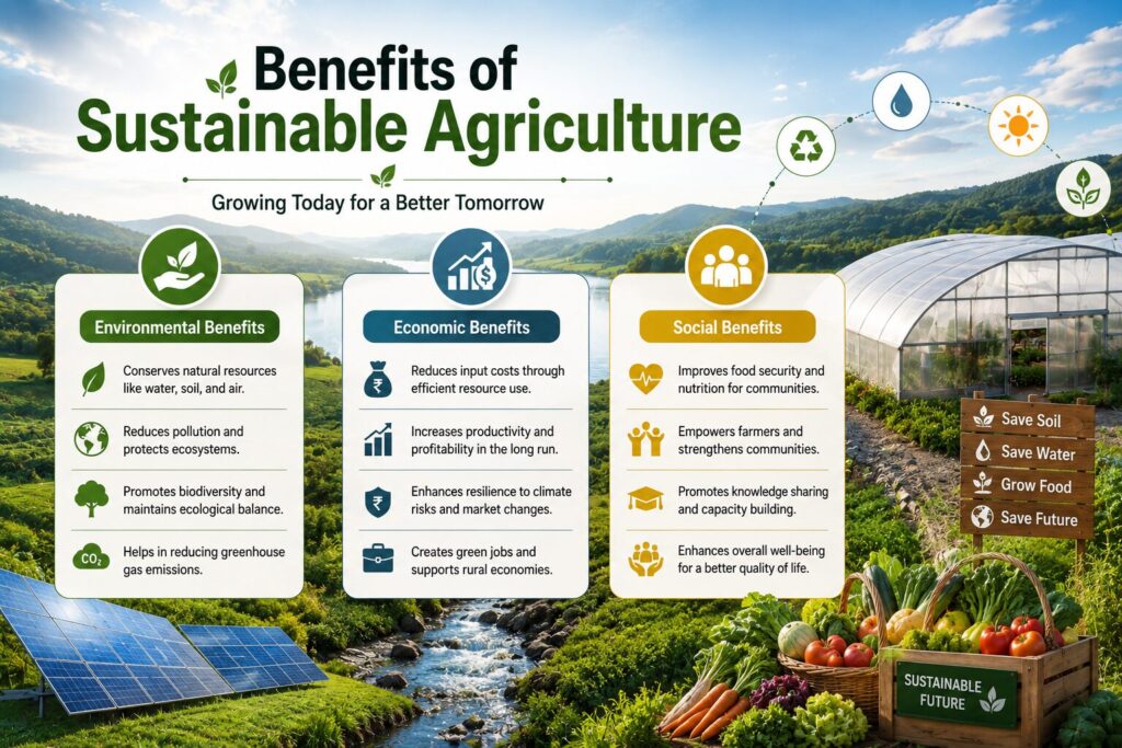 Infographic showing the environmental, economic, and social benefits of sustainable agriculture with green landscapes, greenhouse farming, renewable energy, and fresh farm produce.