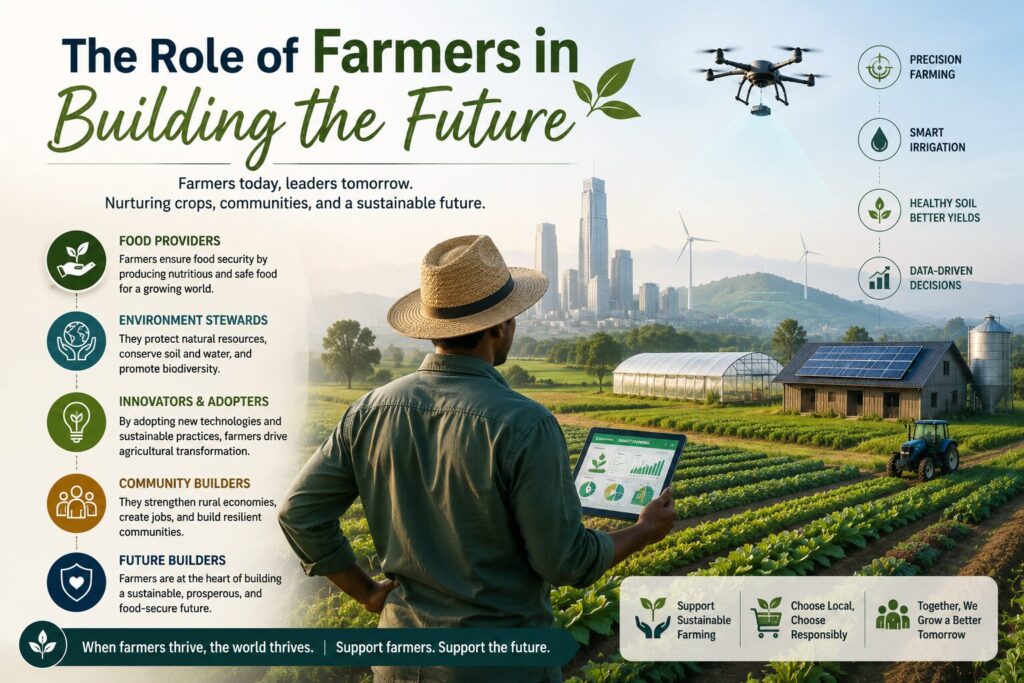 Infographic showing the role of farmers in building the future through sustainable agriculture, smart farming technology, renewable energy, greenhouse cultivation, and precision farming.