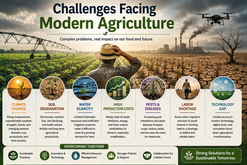 Infographic illustrating the major challenges facing modern agriculture, including climate change, soil degradation, water scarcity, rising production costs, pests, labor shortages, and technology gaps.