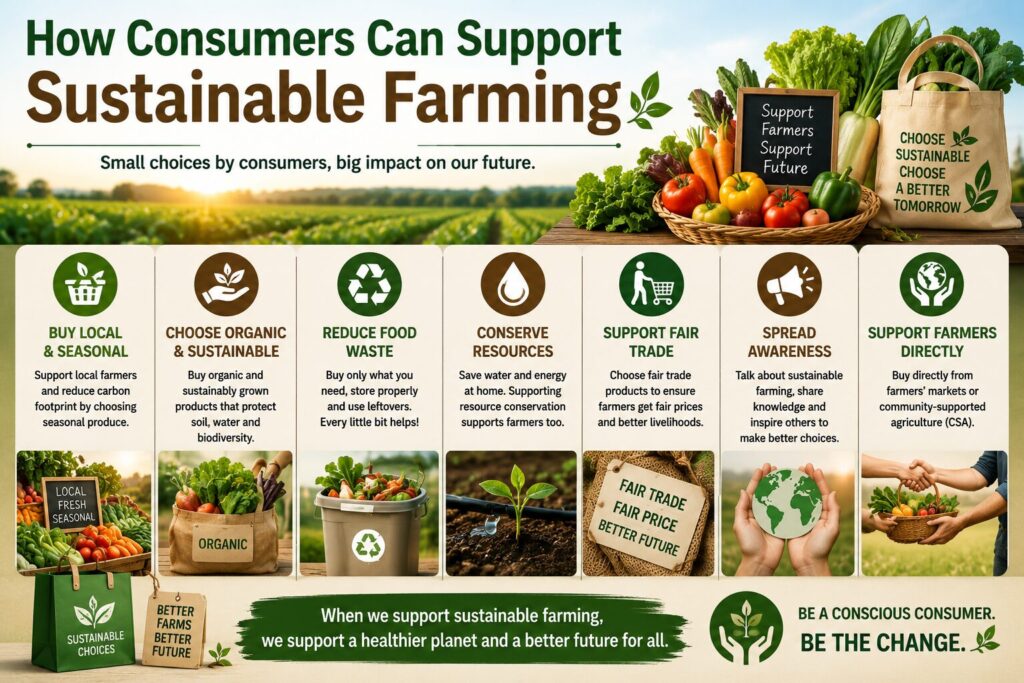Infographic showing how consumers can support sustainable farming by buying local produce, choosing organic products, reducing food waste, conserving resources, supporting fair trade, and purchasing directly from farmers.