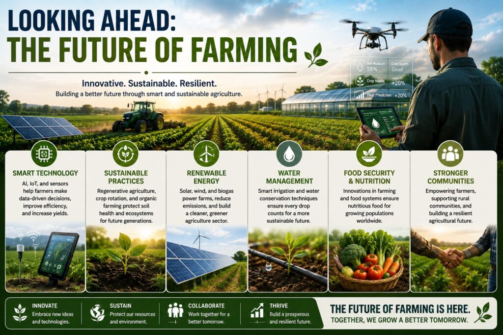 Infographic illustrating the future of farming with smart agriculture technologies, renewable energy, AI-powered farming, precision irrigation, greenhouses, drones, and sustainable food production.