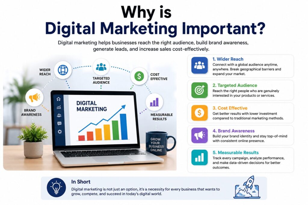 Why is Digital Marketing Important infographic showing benefits like wider reach, targeted audience, brand awareness, measurable results, and cost-effective marketing.