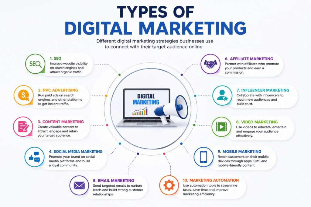 Infographic showing the major types of digital marketing, including SEO, PPC, content marketing, social media marketing, email marketing, affiliate marketing, influencer marketing, video marketing, mobile marketing, and marketing automation.
