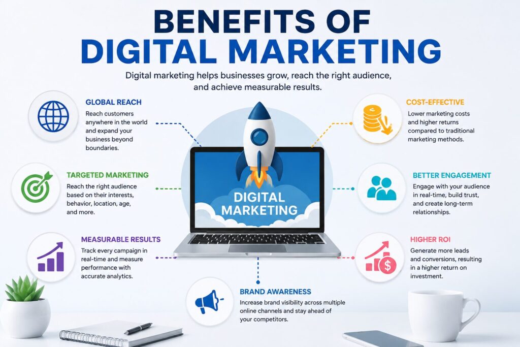 Benefits of digital marketing including global reach, targeted advertising, measurable results, and higher ROI.