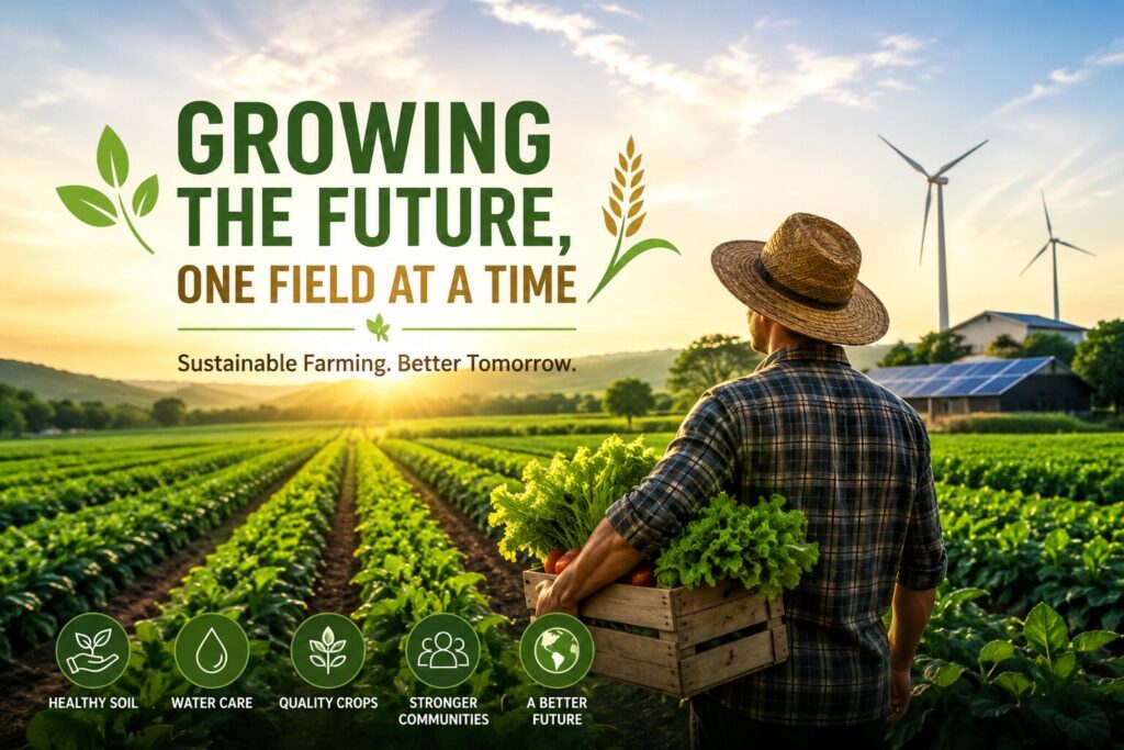 Growing the Future, One Field at a Time – Farmer in a green agricultural field showcasing sustainable farming and modern agriculture.