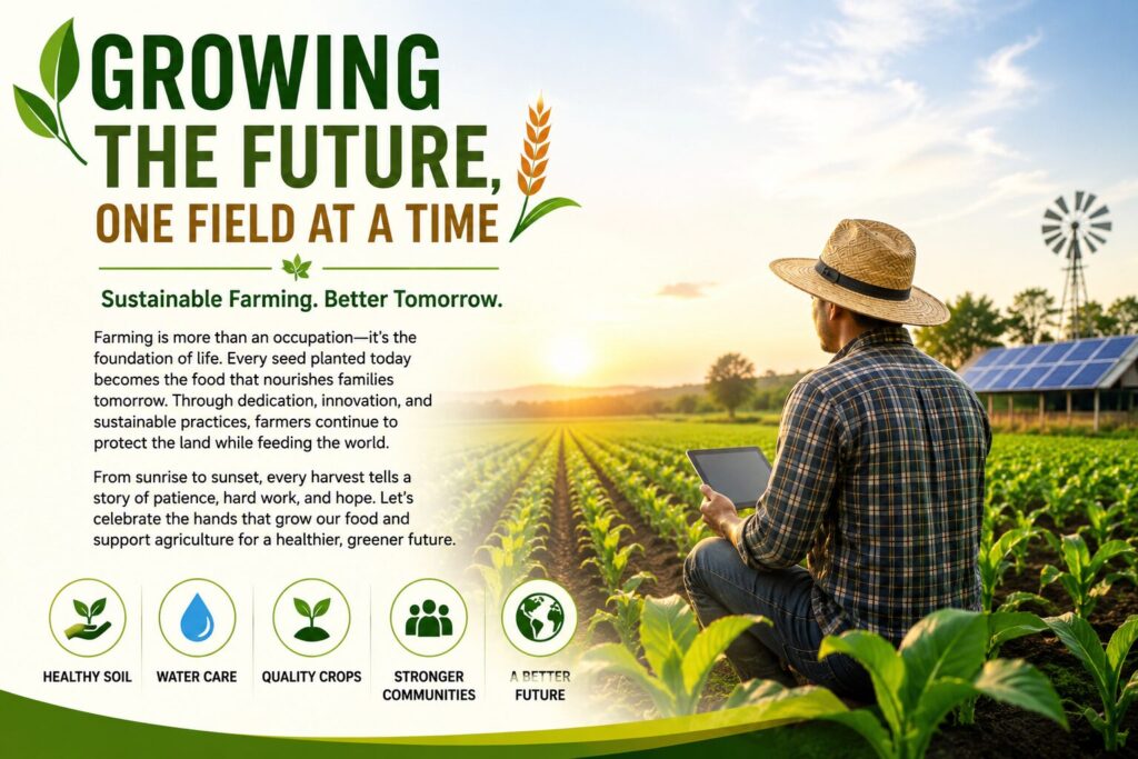 Growing the Future, One Field at a Time – Farmer in a green agricultural field showcasing sustainable farming and modern agriculture.