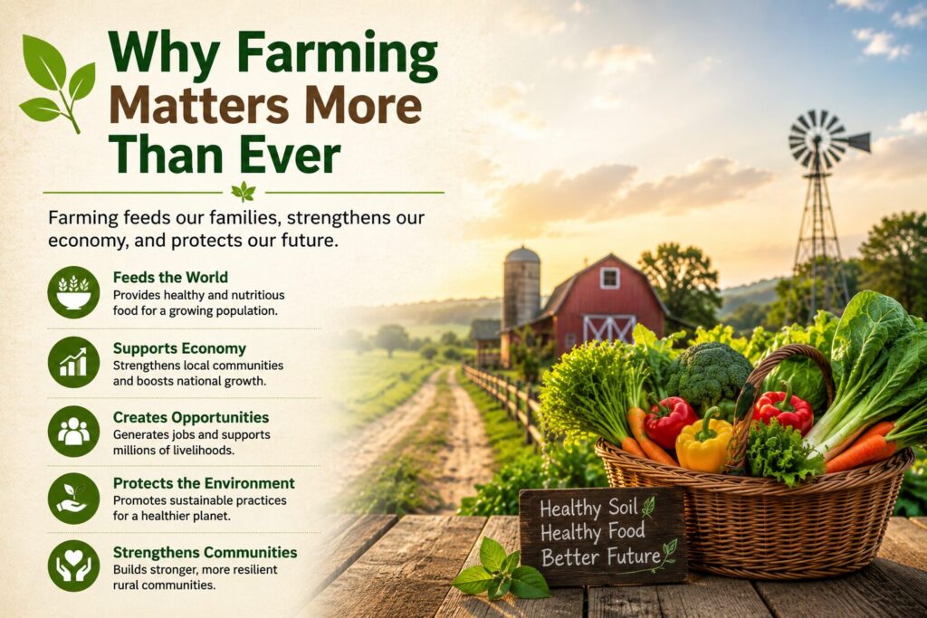 Fresh vegetables in a basket on a modern sustainable farm with a red barn, highlighting the importance of farming for food security, economic growth, and environmental sustainability.