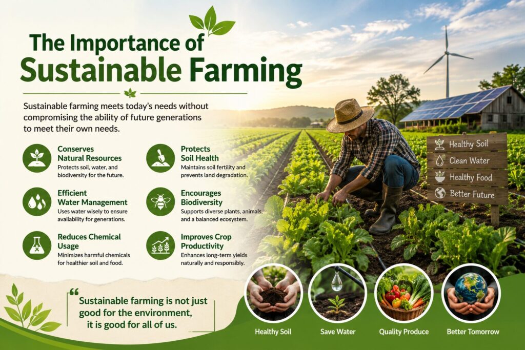 Farmer tending crops in a sustainable farm with solar panels and a wind turbine, illustrating eco-friendly farming practices, healthy soil, water conservation, and renewable energy.