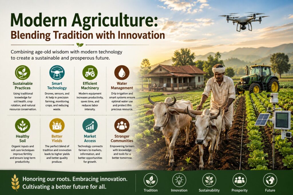 Farmer using traditional oxen alongside modern farming technologies including drones, tractors, and smart irrigation systems in a sustainable agricultural field.