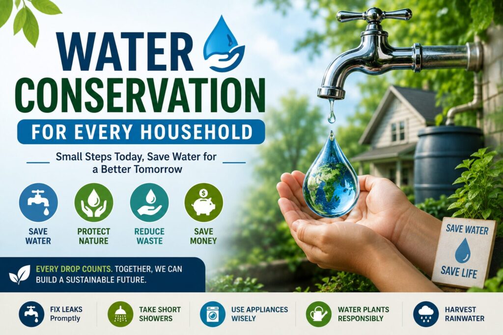 Featured image illustrating water conservation for every household with a water tap, rainwater harvesting barrel, hands holding a water droplet, and eco-friendly water-saving practices.