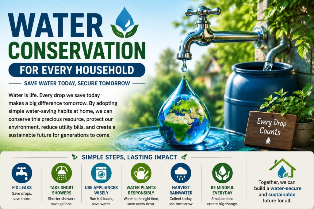 Website header image showing water conservation for every household with a dripping water tap, rainwater harvesting barrel, globe-shaped water droplet, and eco-friendly water-saving message.