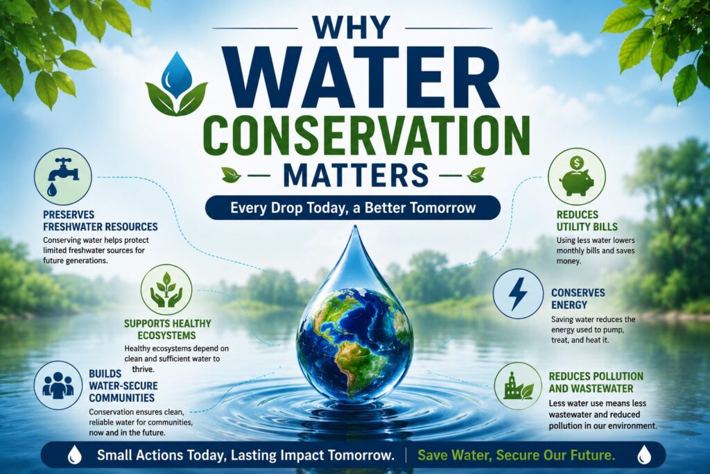 Infographic explaining why water conservation matters, featuring a globe inside a water droplet, freshwater protection, healthy ecosystems, reduced utility bills, energy conservation, and pollution reduction. Image Caption An infographic highlighting why water conservation is essential for protecting freshwater resources, supporting healthy ecosystems, reducing utility bills, conserving energy, and ensuring a sustainable future for everyone. Image Description This infographic illustrates the importance of water conservation through a visually engaging design featuring a globe enclosed within a water droplet, symbolizing Earth's precious freshwater resources. It highlights the key benefits of conserving water, including protecting freshwater supplies, supporting healthy ecosystems, reducing household utility bills, conserving energy, minimizing pollution and wastewater, and building water-secure communities. Set against a serene natural background with a lake and lush greenery, the image reinforces the message that every drop saved today contributes to environmental sustainability, climate resilience, and a better future for generations to come. Focus Keyword Why Water Conservation Matters SEO Keywords Why Water Conservation Matters Water Conservation Save Water Freshwater Conservation Sustainable Water Management Water Security Environmental Sustainability Water Saving Tips Healthy Ecosystems Reduce Water Waste Energy Conservation Pollution Reduction Eco-Friendly Living Sustainable Future Household Water Conservation These details are optimized for WordPress, Yoast SEO, and Rank Math, improving accessibility, Google Image Search visibility, and overall on-page SEO performance.