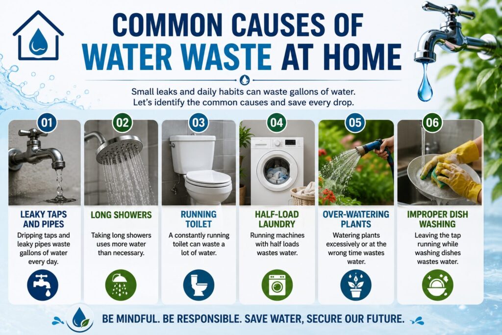 Infographic showing common causes of water waste at home, including leaky taps, long showers, running toilets, half-load laundry, overwatering plants, and improper dishwashing.