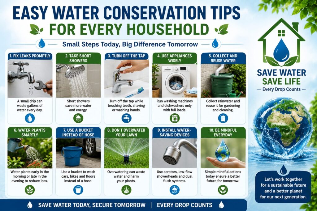 Infographic showing easy water conservation tips for every household, including fixing leaks, taking shorter showers, turning off taps, collecting rainwater, using water-efficient appliances, and watering plants wisely.