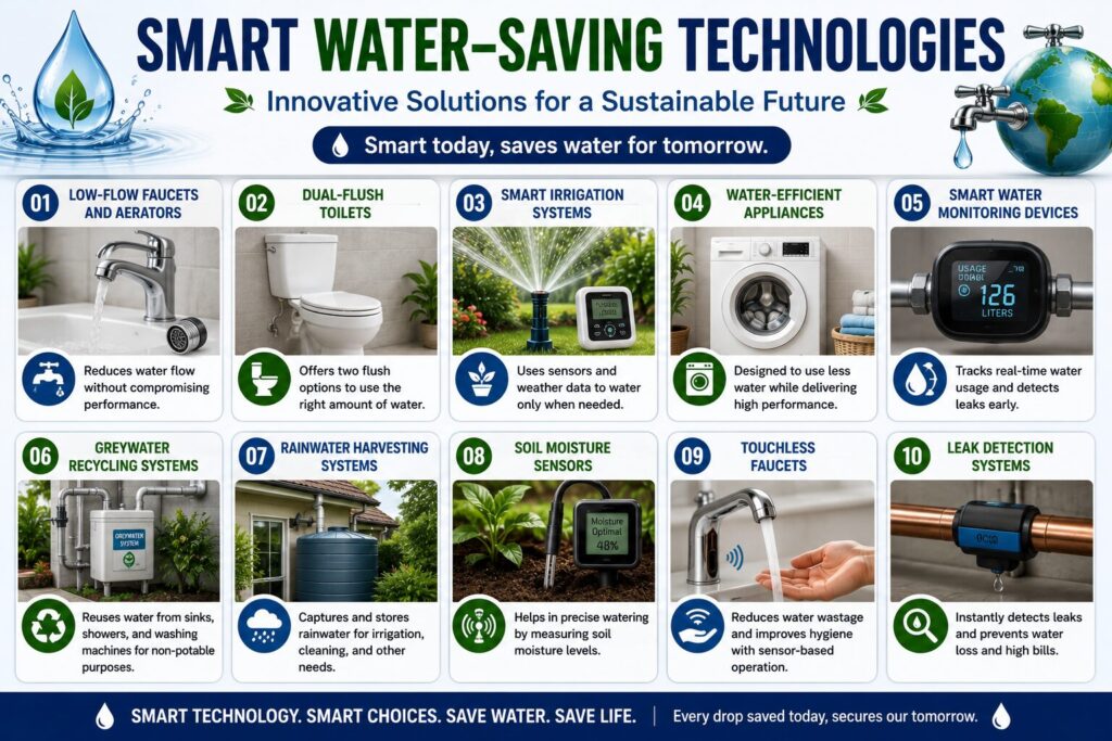 Infographic showcasing smart water-saving technologies, including low-flow faucets, dual-flush toilets, smart irrigation systems, water-efficient appliances, leak detection systems, rainwater harvesting, greywater recycling, and smart water monitoring devices.
