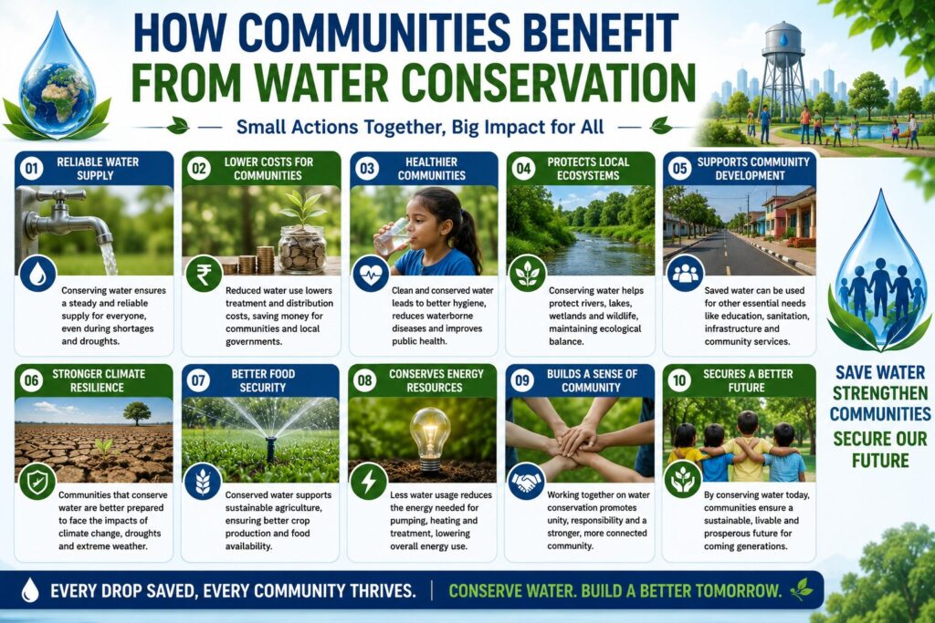 Infographic showing how communities benefit from water conservation through reliable water supply, healthier ecosystems, lower costs, climate resilience, improved public health, food security, and sustainable development.