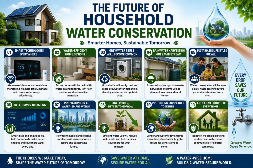 Infographic illustrating the future of household water conservation with smart home technologies, AI water monitoring, rainwater harvesting, greywater recycling, water-efficient home designs, and sustainable living solutions.