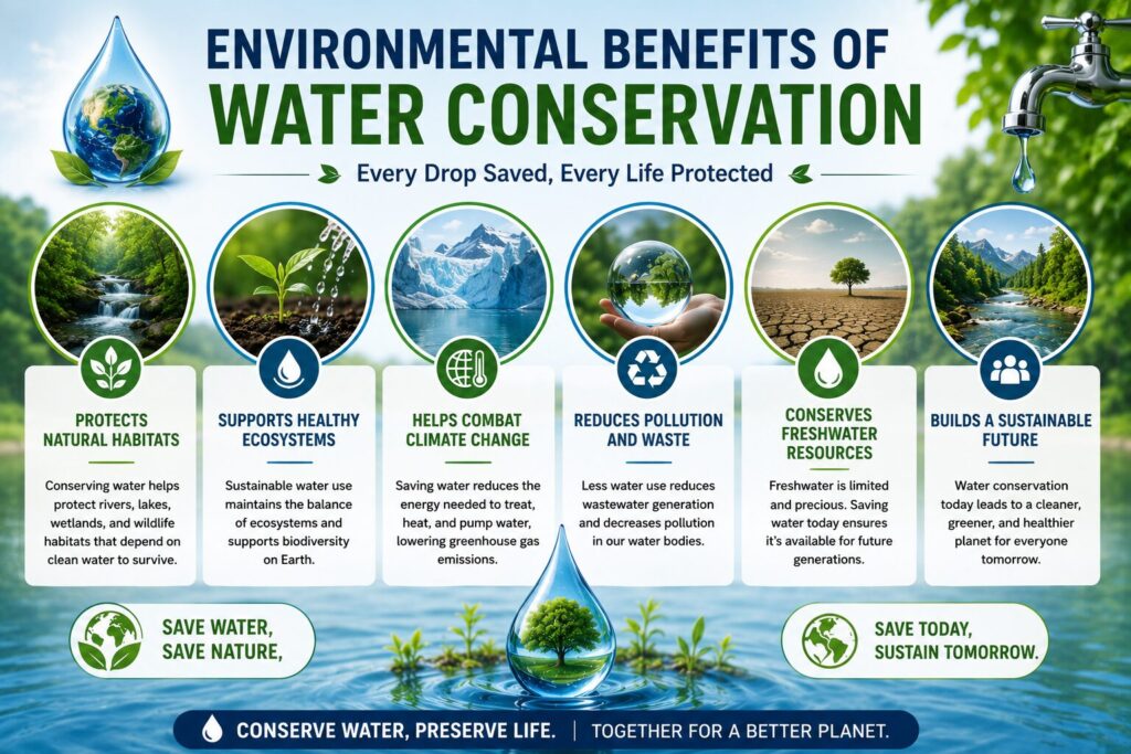 Infographic illustrating the environmental benefits of water conservation, including protecting natural habitats, supporting healthy ecosystems, reducing pollution, conserving freshwater resources, combating climate change, and promoting sustainability.